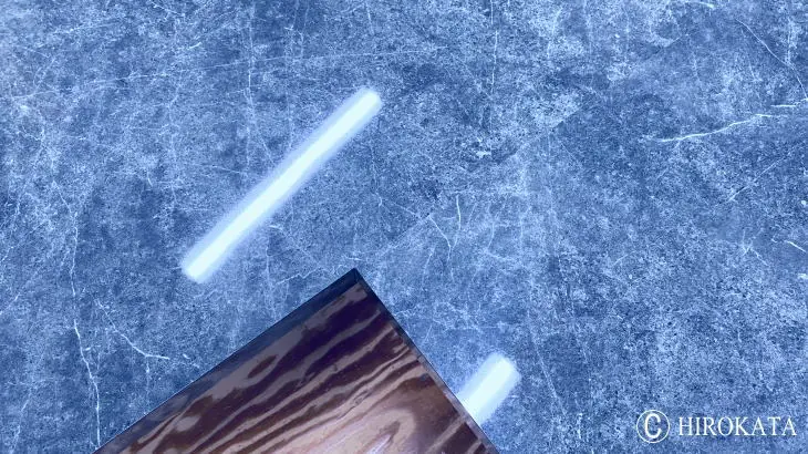 L字デスク天板のメラミン化粧板貼り分け部分